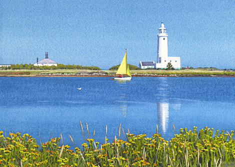 A watercolour painting of Hurst Point Lighthouse, Milford-on-Sea in the afternoon by Margaret Heath RSMA.